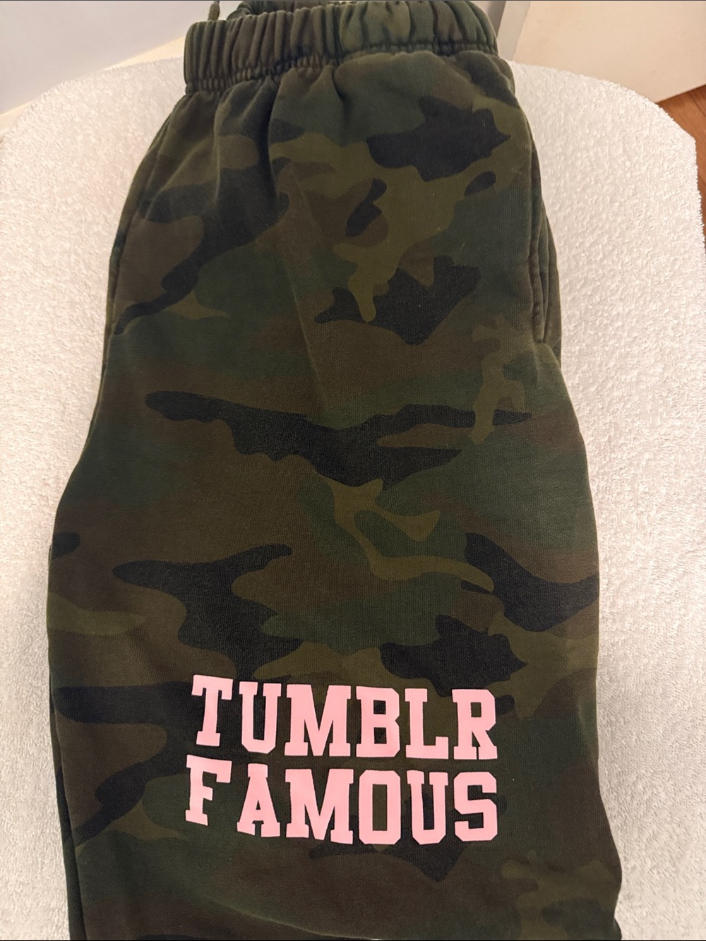 The Mayfair Group Camo Sweatpants with Pink 'TUMBLR FAMOUS' Logo 100% COTTON